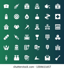 Blood Icon Set. Collection Of 36 Filled Blood Icons Included Vaccine, Hospital, Live Drive, Blood Transfusion, Sample, Nurse, Saline, Donation, Pressure, Checker,