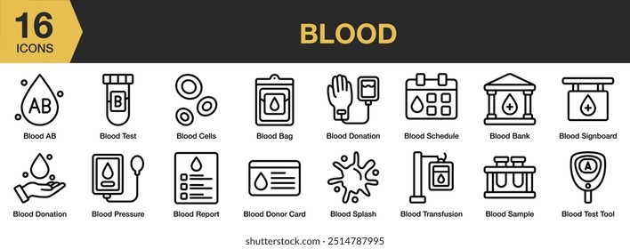 Conjunto de iconos de sangre. Incluye presión, informe, muestra, tubo de ensayo, transfusión de sangre y más. Colección de Vector de iconos de contorno.