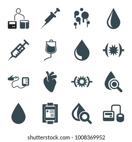 Blood icons. set of 16 editable filled blood icons such as water drop, syringe, blod pressure tool, drop under magnifier, pressure