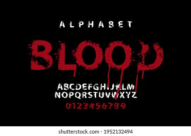 BLOOD Lettering In Scary Dripping Bloody Letters. Splash Alphabet, Vector Set Of Alphabet Letters And Numbers On A Black Background. Horror Font For Headline, Poster, Label. Halloween Party Style