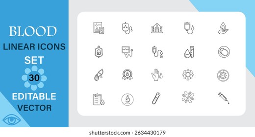 Conjunto de iconos lineales de sangre . Laboratorio, equipo, caída y más. Icono de Vector de contorno en estilo lineal. Trazo editable. Ilustración vectorial.