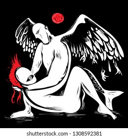 Blood Moon And Angels below (vector Art)