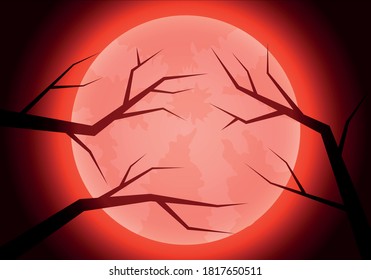 Blood moon at night with tree branches in front.
