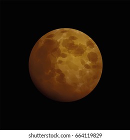 Blood moon, total lunar eclipse - artistic vector illustration of an orange red moon that occurs when the sun, earth, and moon are aligned exactly, with the earth in the middle.