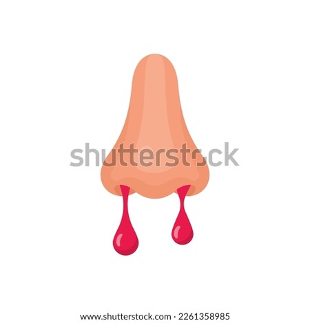 Blood with the nose. Drops of blood flow from the nose of a man. Symptoms of an unhealthy person. Signs of illness. Vector illustration flat design. Isolated on white background.