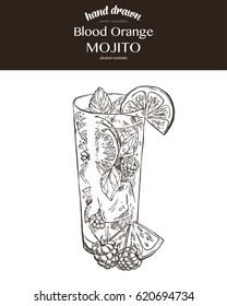 Blood orange mojito. Composition. Vector sketch illustration of cocktails. Hand drawn.