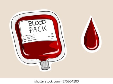 Blood Pack, a hand drawn vector illustration of a blood pack and a drip of blood, isolated on a simple background (all objects are on their own separate groups for easy editing, including background).