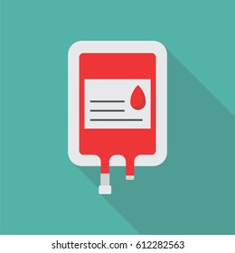 Blood package flat icon with long shadow isolated on blue background. Medical devices in flat style, vector illustration.