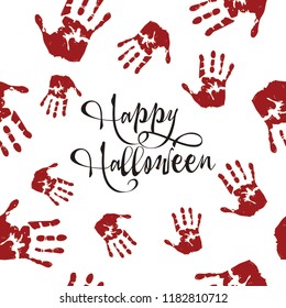 Blood palms on white background. Scary Happy Halloween day poster or banner. Isolated vector Illustration. Design for web page, fabric, wallpaper, textile, invitations, flyers.