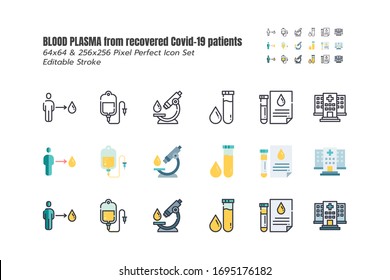 Blood Plasma Is Being Sought From Recovered Covid-19 Patients. Research To The Coronavirus Disease 2019 Infection Treatments. Line Outline, Flat, Filled Icons Editable Stroke.