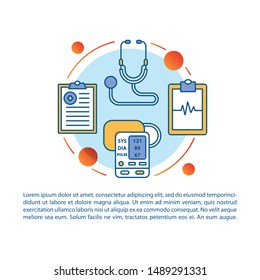 Blood pressure article page vector template. Heart functioning monitoring. Brochure, magazine, booklet design element, linear icons, text box. Print design. Concept illustrations with text space