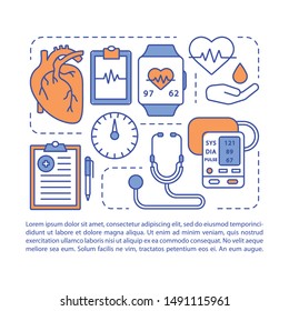 Blood pressure article page vector template. Systolic, diastolic pressure rate. Brochure, magazine, booklet design element, linear icons, text box. Print design. Concept illustrations with text space