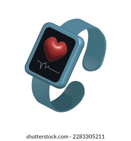 Blutdruckkonzept. 3D Rendering von blauen drahtlosen Armbanduhr mit rotem Herzen. Arterialdruckmessung oder -prüfung von Anwendungen. Vektorrealistische Illustration im minimalen Stil des Cartoons.