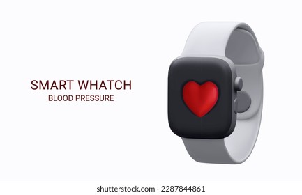 Concepto de presión arterial. 3D representa reloj inteligente inalámbrico con corazón rojo. Aplicaciones de medición o verificación de presión arterial. Ilustración 3D realista vectorial.