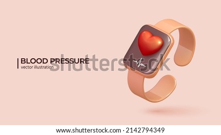 Blood pressure concept. 3D render of pink wireless smart watch with red heart. Arterial pressure measuring or checking apps. Vector realistic illustration in cartoon minimal style.
