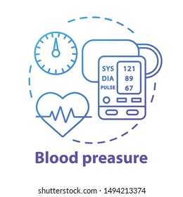 Blood pressure control device concept icon. Heart monitoring idea thin line illustration. Systolic and diastolic pressure on manometer screen. Vector isolated outline drawing. Editable stroke