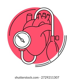 Blood pressure control emblem in thin line and red color with heart shape and measuring meter, for cardio pills for hypertension disease - vector icon