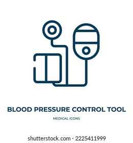Icono de la herramienta de control de presión arterial. Ilustración vectorial lineal de la colección de iconos médicos. Esquema del vector del icono de la herramienta de control de la presión arterial. Símbolo de línea delgada para uso en aplicaciones web y móviles, logotipo, 