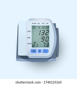 Blood pressure counter. Vector image of an electronic device with a cuff placed around the shoulder.Man checking arterial blood pressure. Digital device tonometer. Medical equipment. 