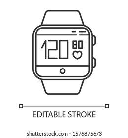 Blood pressure and heart rate tracking smartwatch function linear icon. Thin line illustration. Contour symbol. Measurements and indicators of health. Vector isolated outline drawing. Editable stroke