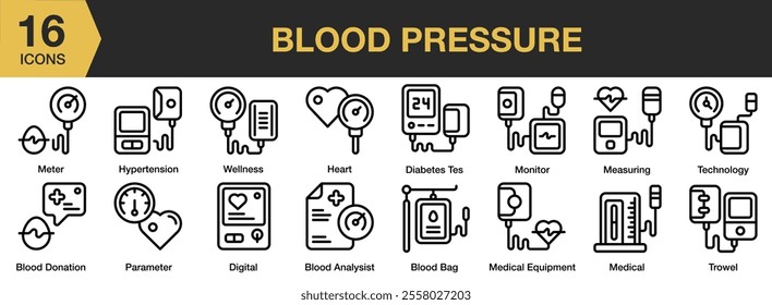 Blood Pressure icon set. Includes heart, diabetes test, monitor, measuring, technology, medical, digital, and More. Outline icons vector collection.