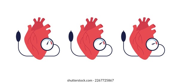 Infografía de presión arterial. Conjunto de ilustración plana vectorial. Forma de anatomía cardíaca con presión baja, normal y alta sobre el monitor aislado sobre fondo blanco. Diseño para salud, cardiología.