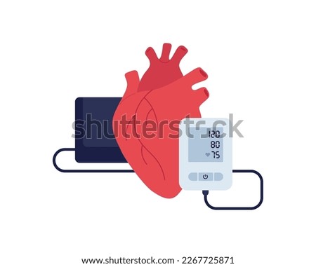 Blood pressure infographic. Vector flat illustration set. Heart anatomy with pressure monitor isolated on white background. Design for healthcare, cardiology.