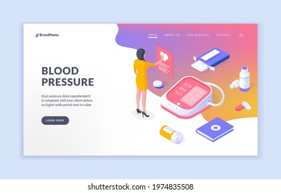 Blood pressure. Isometric vector website template with medical worker and equipment with medications for measuring blood pressure . Isometric web banner, landing page template