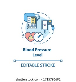Blood pressure level concept icon. Cardiovascular diseases diagnostics. Heart illness, hypertension monitoring idea thin line illustration. Vector isolated outline RGB color drawing. Editable stroke