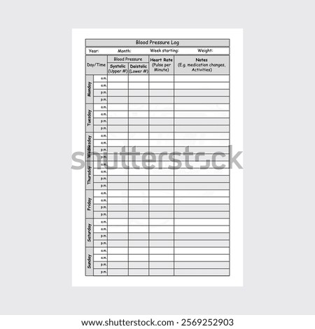 Blood pressure log book interior. Blood pressure logbook and pulse tracker. Blood pressure notebook. Pulse tracker journal. interior blood pressure notebook. interior log book.