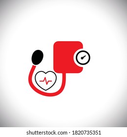 Máquina de presión arterial con ilustración de icono del vector cardiaco