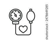 Blood Pressure Measurement, in line design. Blood, pressure, measurement, sphygmomanometer, cuff, health, monitor on white background vector. Blood Pressure Measurement editable stroke icon.