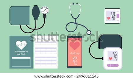 Blood Pressure Measurement Set Tool, Medical Equipment for Healthcare Professionals, Ideal for Health Checkups and Hypertension Diagnosis, Flat Vector Illustration Design