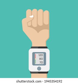 Blood Pressure Measuring Concept With Arm And Blood Pressure Monitor Or Sphygmomanometer. Vector Illustration.