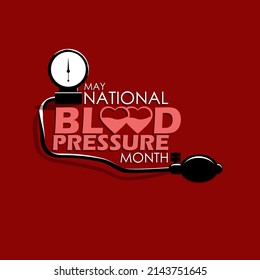 Blood pressure measuring device with bold texts and hearts shape on dark red background, National Blood Pressure Month in may