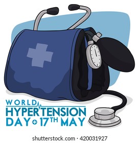 Blood pressure meter with blue cuff, manometer and stethoscope in commemorative design for World Hypertension Day.