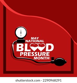 A blood pressure meter with bold text on dark red background to commemorate National Blood Pressure Month on May