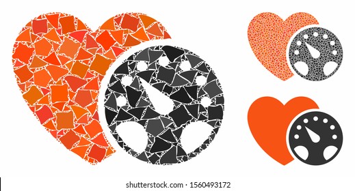 Blood pressure meter composition of unequal pieces in various sizes and color hues, based on blood pressure meter icon. Vector unequal dots are organized into collage.