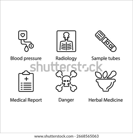 Blood pressure, Radiology, Sample tubes, Medical Report, Danger, Herbal Medicine, icon, Line icon Set