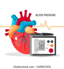 Blood pressure vector concept. Design with human heart and blood pressure monitor in flat style.