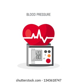 Blood pressure vector concept. Design with heart and blood pressure monitor in flat style.