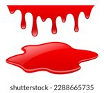 Blood puddle and dripping blood isolated on white background, web design elements. Vector isometric illustration for Halloween design, spooky clip art.