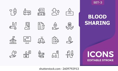 Blood related icon set. Includes symbols for heart, donate, care, blood, donor, donation and more. Blood Donation simple icon set. Outline icons collection. Minimalist editable stroke.