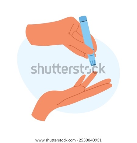 Blood sample collection by fingerstick. Diabetes awareness or self monitoring