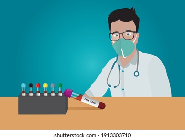 Blutprobe für DNA-Test. Blutentnahmerohr für DNA-Tests. Ein medizinisches Testkonzept mit einem Arztvektor mit Laborhintergrund.