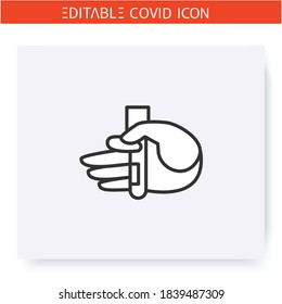 Symbol für die Blutprobe. Hand, die eine Blutprobe hält. Ampulle mit Arzneimitteln. Ärzte Hand. Covid19 Blutdrucktest. Laboranalyse. Einzige Vektorgrafik. Bearbeitbarer Hub 