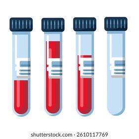 Blood sample for medical test with different blood volume. Set of blood test tubes isolated on white background. Suitable elements design for laboratory research, chemistry, and medical analysis.