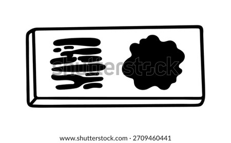 Blood sample on a glass slide, vector illustration. Biological fluid analysis, hematology test. Bloodwork, laboratory research of cell morphology. Black and white clipart. Doodle for medical projects