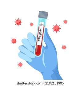 Blutprobenröhre mit Hand für den Monkeypox-Virustest. Vektorflache Illustration. Design für medizinisches Banner, Flyer, Karte, Infografik