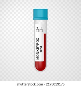 Blood sample tube with Monkeypox virus test on transparent  background. Vector realistic illustration. Design for medical banner, flyer, card, infographic
